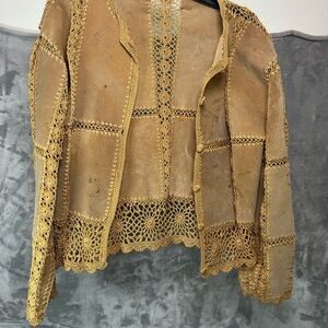 Vintage IDI by Matthew Suede Leather Crochet Patchwork Cardigan Jacket M Brown